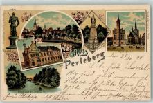 19348 O2910 Perleberg 1899 Lithographie Roland Kaiserl. Postamt Kriegerdenkmal Marktplatz Blick auf die Stepenitz
