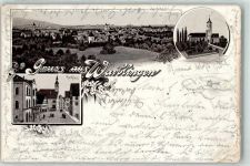71332 W7050 Waiblingen , Rems 1898 Gebrauchsspuren Rathaus Michaelskirche Lithographie
