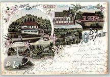76835 W6741 Gleisweiler 1898 Lithographie Gruss aus Flickinger´s Felsenkeller St. Anna Kapelle Haimbachtal Kur Anlagen Springbrunnen Schwan Blumen Gruss