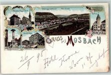 74821 W6950 Mosbach , Baden 1898 Lithographie Palmsches Haus mit Kirche Gewerbeschule Kriegerdenkmal Rathaus