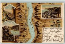 55422 W6533 Bacharach 1902 Lithographie Vogelschau Rheinverlauf Rheinstein Ruine Ehrenfels Bacharach Wernerkapelle