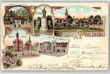 19348 O2910 Perleberg 1899 - Forsthaus Alte Eiche Kriegerdenkmal Rathaus u. Kirche Markt mit Roland