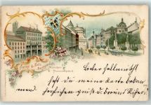 80331 W8000 München Gebrauchsspuren Fränkel & Selz Bankgeschäft Promenadeplatz 5 Pferdestraßenbahn Kutsche Fahrrad Frauenkirche Blumen Münchner Kindl Blau Weiss Lithographie