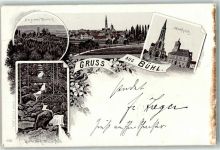 77815 W7580 Bühl , Baden 1897 Gebrauchsspuren Burgruine Windeck Marktplatz Gertelbach Wasserfälle Lithographie