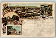 33175 W4792 Bad Lippspringe 1899 Gebrauchsspuren Eingang zum Kurgarten Ruine der Tempelherrenburg Jordan Quelle Lithographie