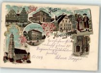 86720 W8860 Nördlingen 1898 Lithographie Hotel Zur Krone Postgebäude Gasthaus Zum Weißen Ross Rieser Tracht Kloster Maria Stern Stiftungskirche Rathaustreppe