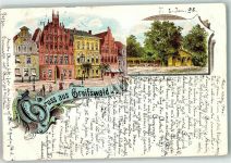 17489 O2200 Greifswald , Hansestadt 1898 Lithographie Gruss Häuser Laterne