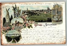 42651 W5650 Solingen 1898 Lithographie Kriegerdenkmal Denkmal Der Waffenschmied Eisenbahnbrücke Bahnpost Aachen-Kassel