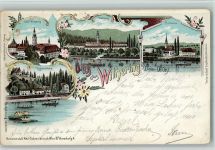 4060 Wilhering Lithographie Gruss aus - Buchenau, Stift, Ruderboot, Schidernoch AK