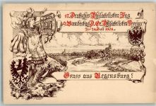 W8400 Regensburg 9. Bundestag d. Phila Vereins Wappen Trompeter sign. Haseneder Philatelistentag 1905 Lithographie / Künstlerkarte