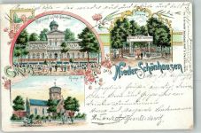 10115 O1100 Pankow 1899 Lithographie Gasthaus Cafe Sanssouci Eingang Kirche Kutsche Fahrrad Nieder Schönhausen Blumen