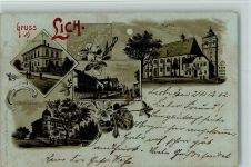 35423 W6302 Lich , Hess 1902 Lithographie / Mondschein Gruss aus - Amtsgericht, Schloß, Giessener Str., Kirche