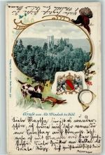 77815 W7580 Bühl , Baden 1901 Lithographie / Prägedruck Passepartout Jagd Auerhahn Hase Hund Jagdhorn Alt Windeck