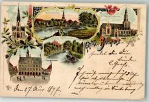 46395 W4290 Bocholt 1897 Gebrauchsspuren Lithographie Marktplatz Rathaus An der Aa St. Georgius-Kirche