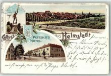 38350 W3330 Helmstedt 1898 Lithographie Petzold's Hotel Kriegerdenkmal Wappen