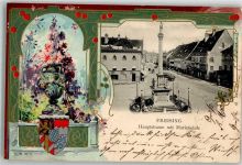 85354 W8050 Freising , Oberbay 1905 Prägedruck Passepartout Wappen Hauptstraße Mariensäule Blumenvase