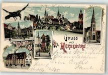 06217 O4200 Merseburg 1903 Lithographie Kgl. Schloss Stadtkirche Schlosshof Kaiser Friedrich Denkmal Rathaus Rabe