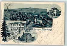 08304 O9413 Schönheide , Erzgeb 1900 Gebrauchsspuren Ost E-Werk Centralschule Rathaus Lithographie