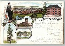 78048 W7730 Schwenningen am Neckar 1897 Lithographie Schwarzwälder-Tracht Wappenschild Neckarquelle Knabenschule Turnhalle Hölzle-Königin u. - König
