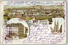 95028 W8670 Hof , Saale 1900 Lithographie Altstadt Kath. Kirche Fabrik Volksbazar Blumen Gruss