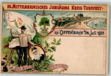 63065 W6050 Offenbach am Main Gebrauchsspuren Lithographie 25. Mittelrheinisches Jubiläum Kreis-Turnfest beschnitten
