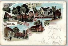 21635 W2155 Jork , Niederelbe Lithographie Amtsgericht Hotel zur Post Dorfstraße Kirche Stempel Deutscher Handlungsgehilfen-Verband