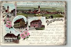 89165 W7905 Dietenheim , Iller Gebrauchsspuren Forsthaus Rathaus Marktplatz Neues Schulhaus Lithographie Oberflächenschaden