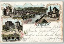45127 W4300 Werden Lithographie Kriegerdenkmal Abteikirche Villa Hügel Königsbrücke