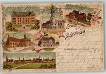 29410 O3560 Salzwedel , Hansestadt 1900 Gebrauchsspuren Lithographie Gerichtsgebäude Probstei Kgl. Gymnasium IV. Deutsches Reichswaisenhaus Rarhausturm Stauchung