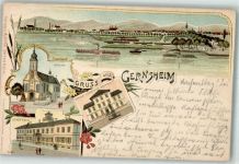 64579 W6084 Gernsheim , Rhein 1897 Lithographie Stadthaus Schule Schöffer-Denkmal Rhein