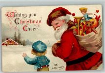 Merry Christmas Spielzeug im Sack , Teddybär Puppen sign. Clapsaddle Ellen H. (E.H.C.) Weihnachtsmann 1911 Künstlerkarte