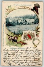 78048 W7730 Villingen -Schwenningen 1904 Prägedruck Grüsse aus dem Schwarzwald Villingen Waldhotel Landes-Wappen Jagdhund Hase Auerhahn Jagdhorn
