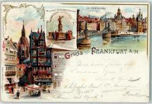 60308 W6000 Frankfurt am Main 1899 Lithographie Manskopf-Brunnen Eiserner Steg Marktszene