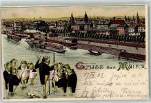 55116 W6500 Mainz a Rhein 1902 Lithographie Raddampfer Kirche Boot Gruss Fräsche Frack Chor Musik Dirigent Notenblatt