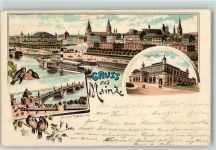 55116 W6500 Mainz a Rhein 1897 Lithographie Neue Rheinbrücke Stadthalle Finken Bahnpost Köln-Frankfurt Zg. 94
