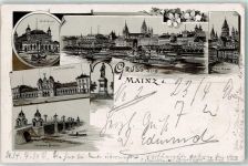55116 W6500 Mainz a Rhein 1896 Lithographie Stadthalle Zentralbahnhof Dom Straßenbrücke