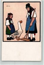 Nr. 242 sign. Ubbelohde Mutter und Kind mit einer Gans AK Hess. Tracht, Mandt Künstlerkarte