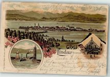 88131 W8990 Lindau Bodensee 1901 Gebrauchsspuren Lithographie Rathaus Hafeneinfahrt Bayerischer Löwe Leuchtturm