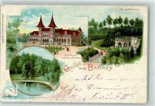 42103 W5600 Barmen 1898 Gebrauchsspuren Stadthalle auf dem Plateau Schwanenteich Ringeldenkmal Lithographie