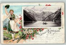 83471 W8240 Königssee b Berchtesgaden 1896 Lithographie Ruderboot Tracht Frau Blumen Gruss