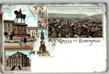 42103 W5600 Elberfeld Lithographie Reiterstandbild Denkmal Kaiser Friedrich III. Stadttheater