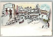64283 W6100 Ludwigshöhe Winterlithographie Pension Ludwigshöhe Aussichtsturm Skiläufer Pferdeschlitten Marien-Tempel