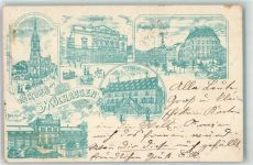 68100 Mulhouse Mülhausen 1899 Lithographie St. Stephans Kirche Theater Markt u. Markthalle Rathaus Bahnhof