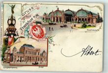 60308 W6000 Frankfurt am Main 1900 Lithographie Manskopf-Uhrturm Börse Hauptbahnhof Straßenbahn Kutsche Wappen