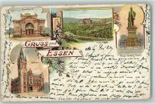 45127 W4300 Essen , Ruhr 1901 Gebrauchsspuren Lithographie Rathaus Stadttheater Villa Hügel Krupp-Denkmal
