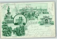 45127 W4300 Essen , Ruhr 1900 Lithographie Stadtgarten Krupp's Grabdenkmal Krupp-Denkmal Stadttheater Bahnpoststempel