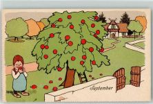 September Äpfel pflücken AK Monat Künstlerkarte