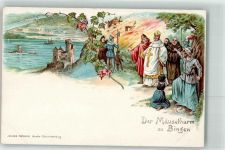 55411 W6530 Bingen am Rhein Lithographie Der Mäusethurm Burg Segelboot Religion