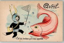 Katze als Taucher vermenschlicht , großer Fisch 1. April Künstlerkarte