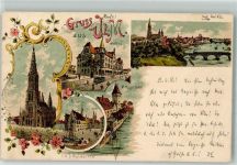 89073 W7900 Ulm , Donau 1898 Lithographie Rathaus Saalbau Metzgerturm Straßenbahn